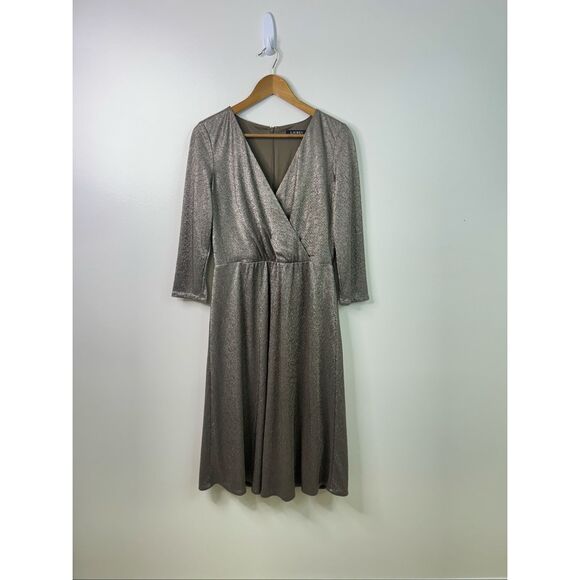 Lauren Ralph Lauren Metallic Gold Long Sleeve Faux Wrap Midi Dress Women Size 10 - Picture 1 of 12